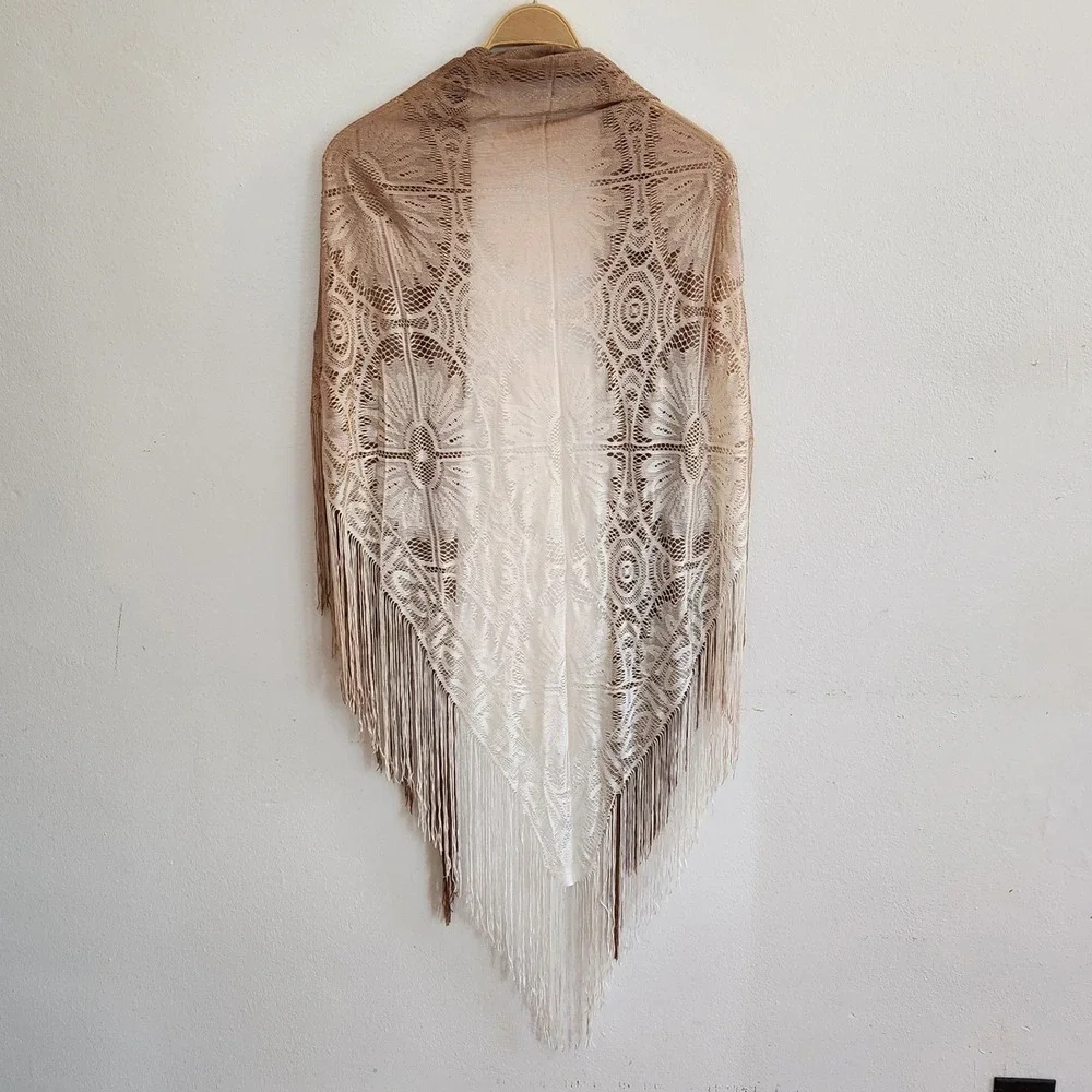 Vintage Floral Lace Fringed Triangle Shawl Brown Ivory Ombre Cowgirl Western